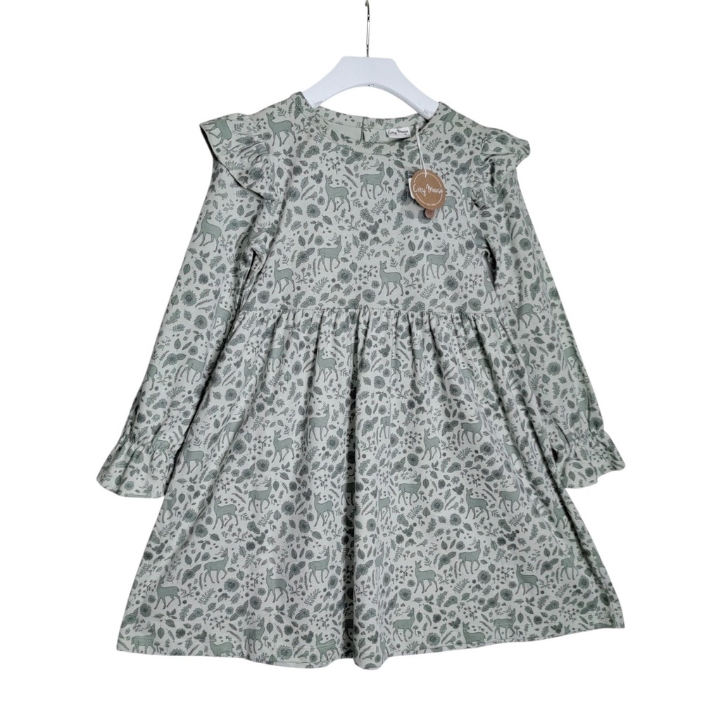 City Mouse Girls Sage Green Woodland Deer Flutter Sleeve Cotton Dress Size 8y
